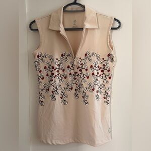 Jofit Beige Floral Zip Polo Tank with Red Accents